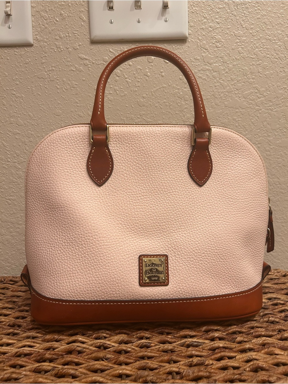 Dooney & Bourke Light Pink Pebbled Satchel with Tan Trim